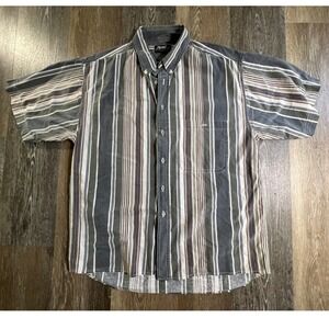 Impact Button Up Shirt Mens Large Grey Striped Short Sleeve Vintage Cotton